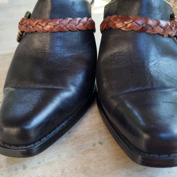 Coldwater Creek Black & Brown Leather Block Healed Mules Western Design Size 6 - Picture 3 of 9